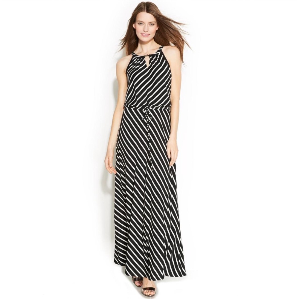 Calvin Klein Black and White Diagonal Stripe Maxi Dress